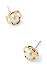 Gold Tone Caged White Pearl Stud Earrings