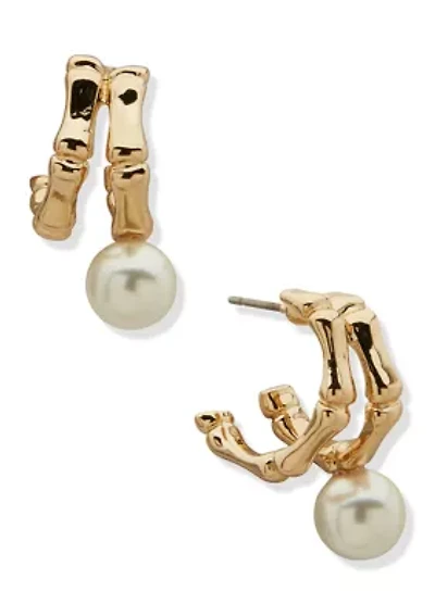  Pearl Drop Double  Bamboo Huggie Earrings