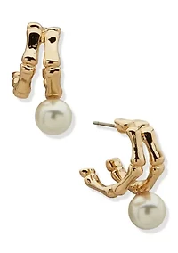  Pearl Drop Double  Bamboo Huggie Earrings