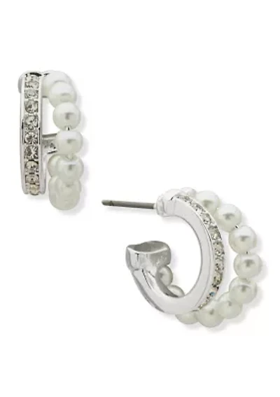 Pearl Crystal Silver Huggie Earrings