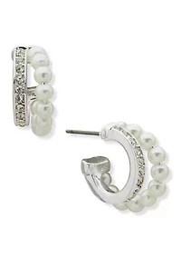 Pearl Crystal Silver Huggie Earrings