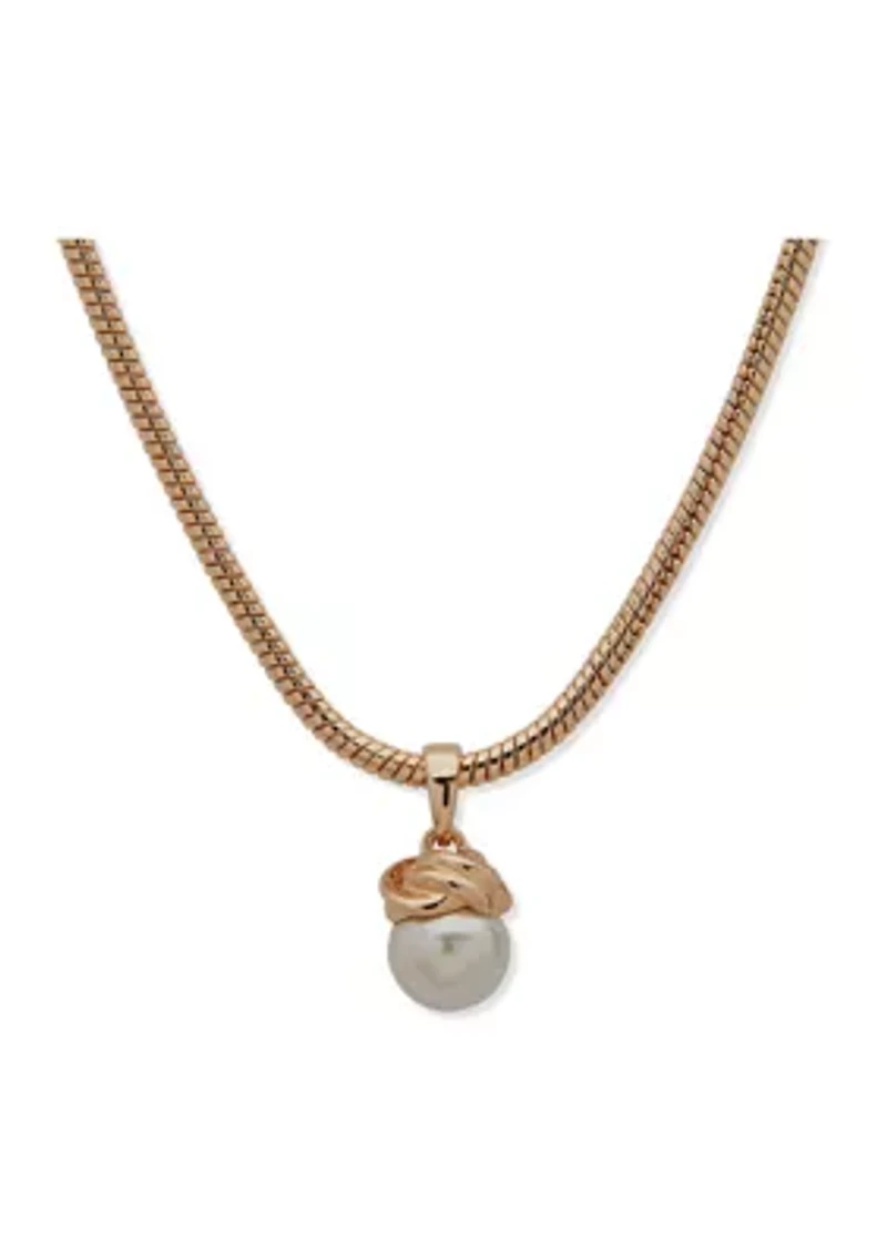 Gold Tone 16" Snake Chain with Knot Pearl Pendant Necklace