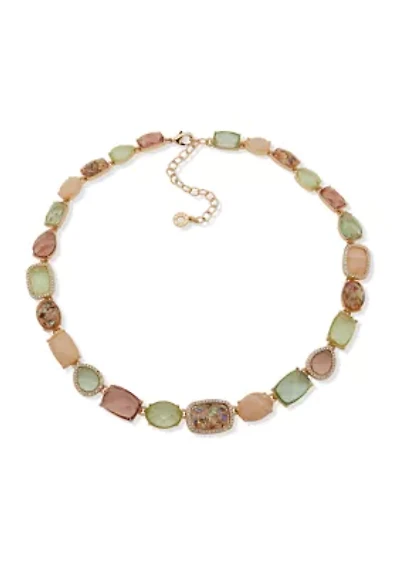 Gold Tone Pink and Green Multi Station Collar Necklace