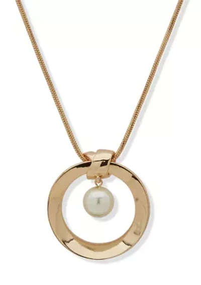 Gold Tone Pearl 32" Open Circle Pendant Necklace