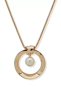 Gold Tone Pearl 32" Open Circle Pendant Necklace
