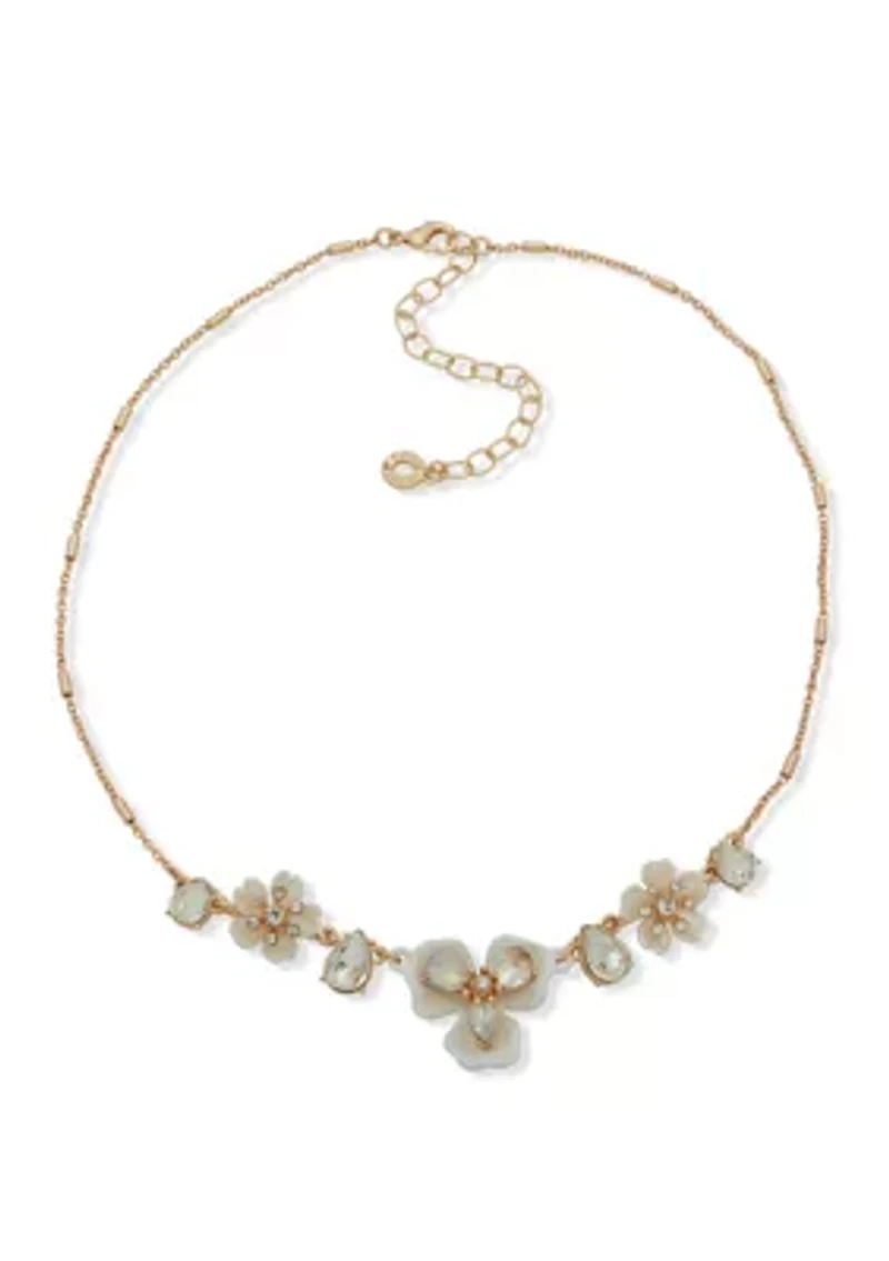 Gold Tone White Flower Stone Frontal Necklace
