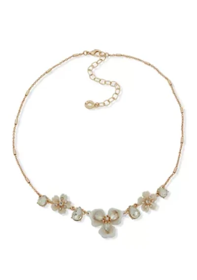 Gold Tone White Flower Stone Frontal Necklace