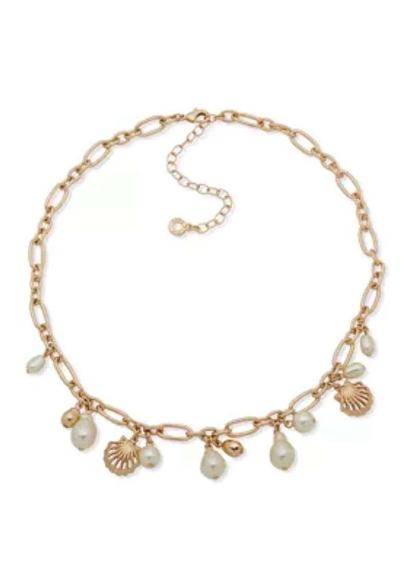 Gold Tone Pearl Shell Frontal Charm Necklace