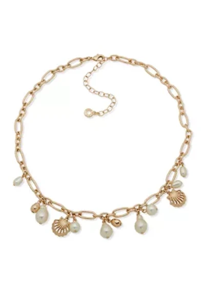 Gold Tone Pearl Shell Frontal Charm Necklace