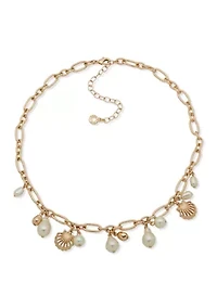 Gold Tone Pearl Shell Frontal Charm Necklace