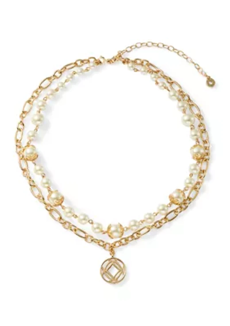 Gold Tone White Pearl 2 in 1 Disc Pendant Necklace