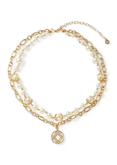 Gold Tone White Pearl 2 in 1 Disc Pendant Necklace