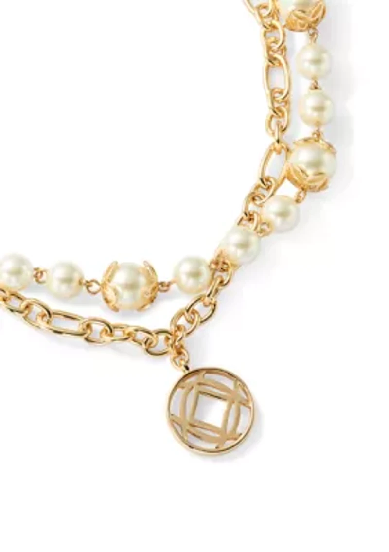 Gold Tone White Pearl 2 in 1 Disc Pendant Necklace