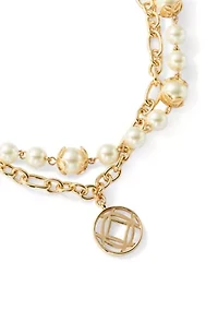 Gold Tone White Pearl 2 in 1 Disc Pendant Necklace