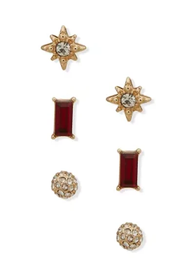 Gold Tone Trio Red Crystal Stud Earrings in Gold Pouch
