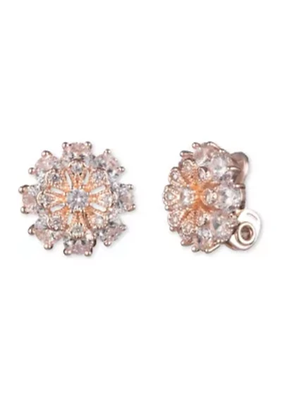 Rose Gold Tone Crystal Cubic Zirconia Flower Button Clip Earrings