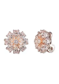 Rose Gold Tone Crystal Cubic Zirconia Flower Button Clip Earrings
