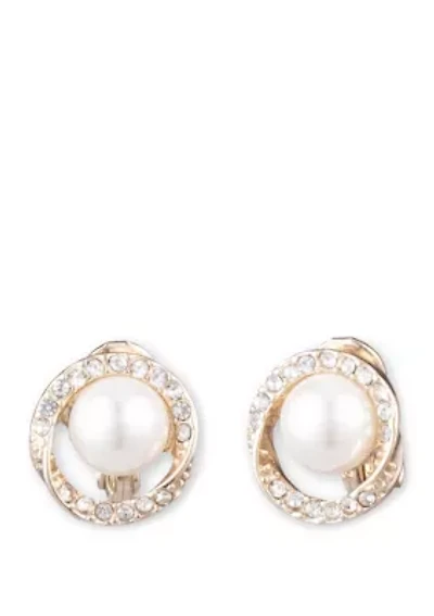 Gold Tone and White Pearl with Crystal Halo Button EZ Comfort Clip Earrings