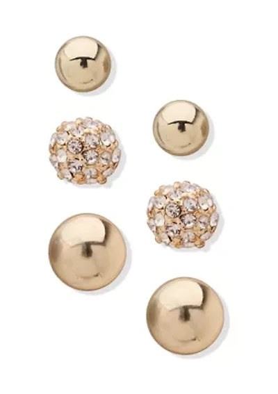 Set of 3 Gold-Tone Crystal Button Earrings