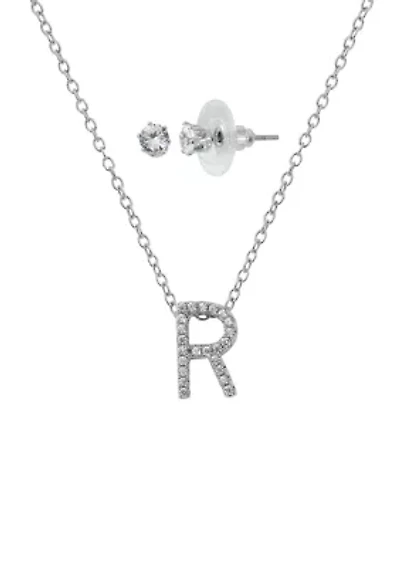 Boxed Initial Pendant Necklace and Earrings Set