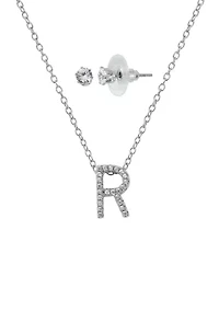 Boxed Initial Pendant Necklace and Earrings Set