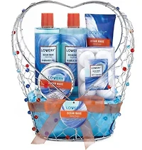 Lovery Home Spa Gift Baskets -  Ocean Wave in Heart Jeweled Holder - 11pc