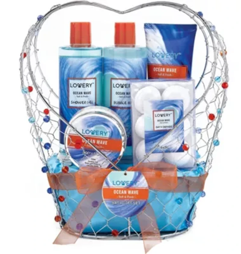 Lovery Home Spa Gift Baskets -  Ocean Wave in Heart Jeweled Holder - 11pc
