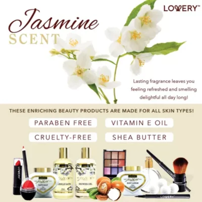 Lovery Premium Bath & Body Gift Basket - Jasmine Scent - Home Spa & Makeup Set - 30pc