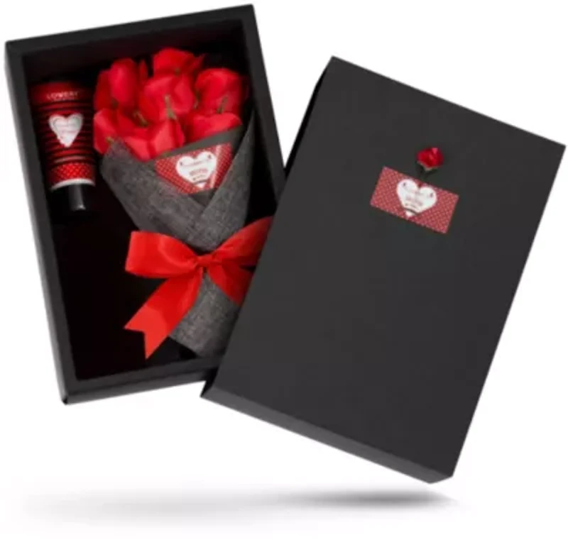 Lovery Bath & Body Gift Basket - Plant Essential Oil Home Set - Red Rose Petal Soaps