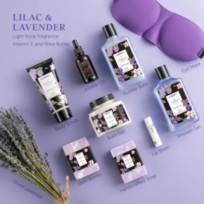 Lavender & Lilac Spa Gift Basket with Sleep Mask - Bath and Body Self Care Package for Men and Women