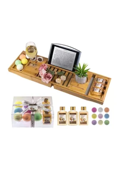 Lovery Premium Bamboo Bathtub Caddy Gift Set - Expandable Tray