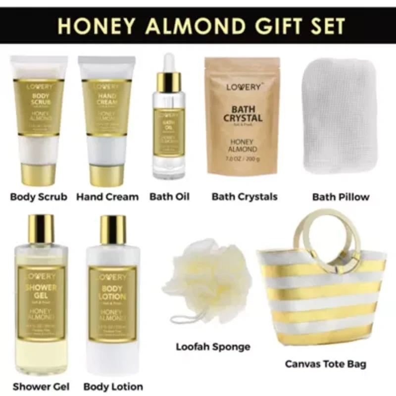 Home Spa Kit - Honey Almond Scent - Luxury Bath & Shower Gift for Women & Men