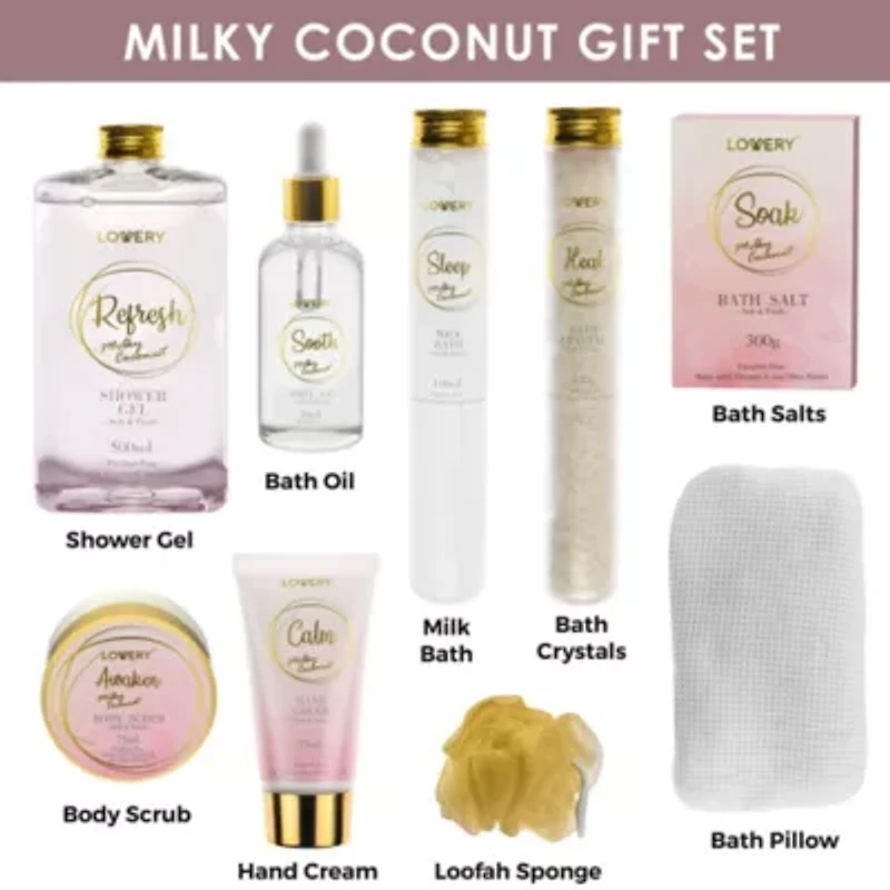 Luxury Home Spa Gift Basket - Milky Coconut Scent - Bath Pillow, Wooden Crate & More