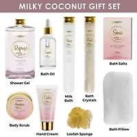 Luxury Home Spa Gift Basket - Milky Coconut Scent - Bath Pillow, Wooden Crate & More