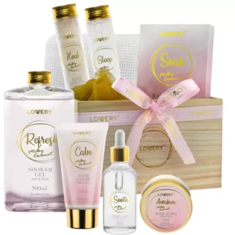 Luxury Home Spa Gift Basket - Milky Coconut Scent - Bath Pillow, Wooden Crate & More