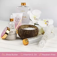 Luxury Home Spa Gift Basket - Milky Coconut Scent - Bath Pillow, Wooden Crate & More