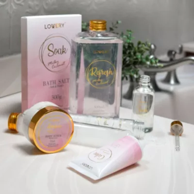 Luxury Home Spa Gift Basket - Milky Coconut Scent - Bath Pillow, Wooden Crate & More