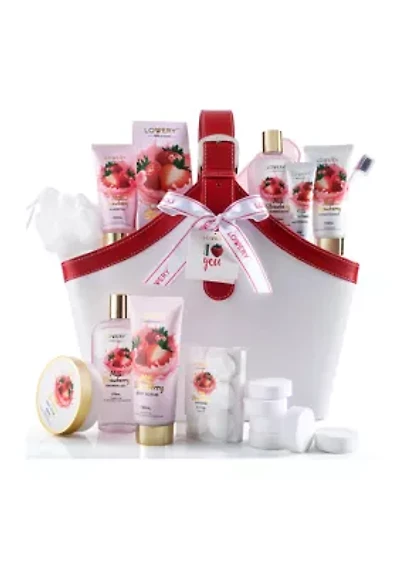 Home Spa Kit Gift Set – Strawberry Milk Scented Bath Set - 25Pcs - in a Leather Tote Bag