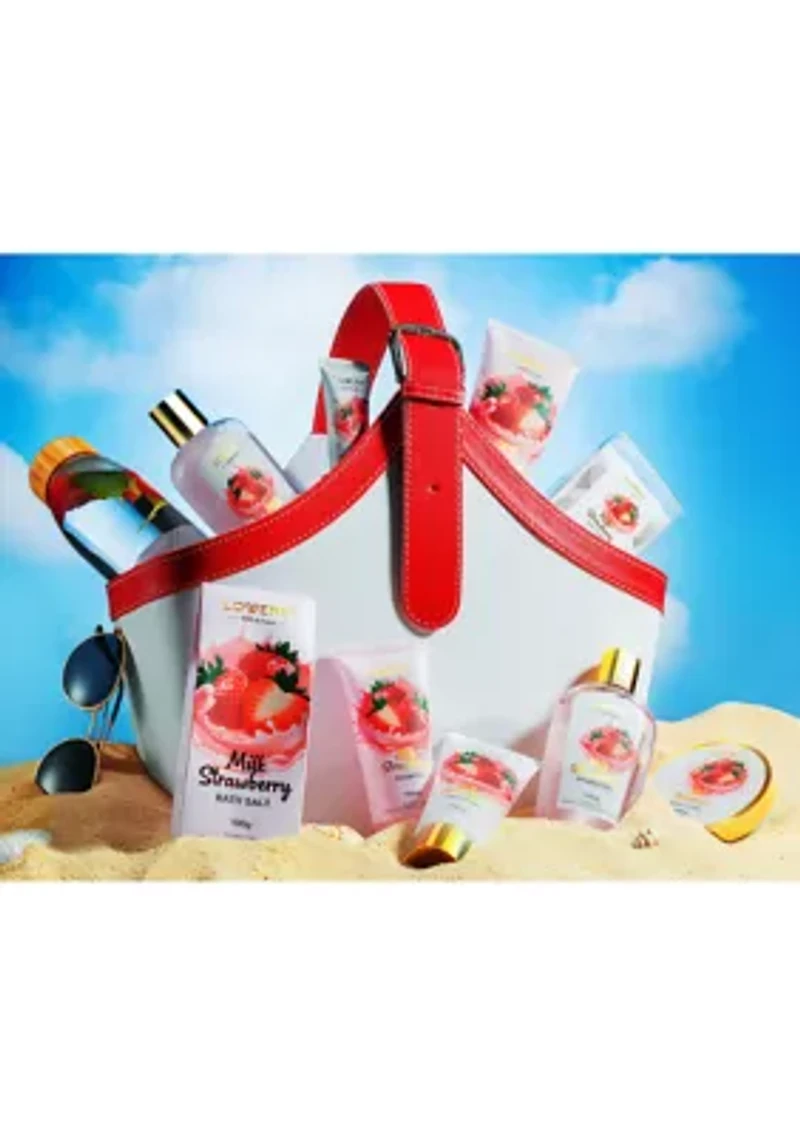 Home Spa Kit Gift Set – Strawberry Milk Scented Bath Set - 25Pcs - in a Leather Tote Bag