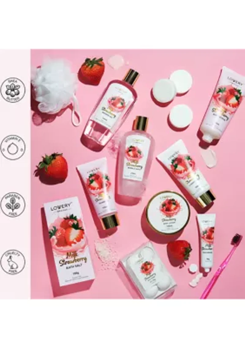 Home Spa Kit Gift Set – Strawberry Milk Scented Bath Set - 25Pcs - in a Leather Tote Bag