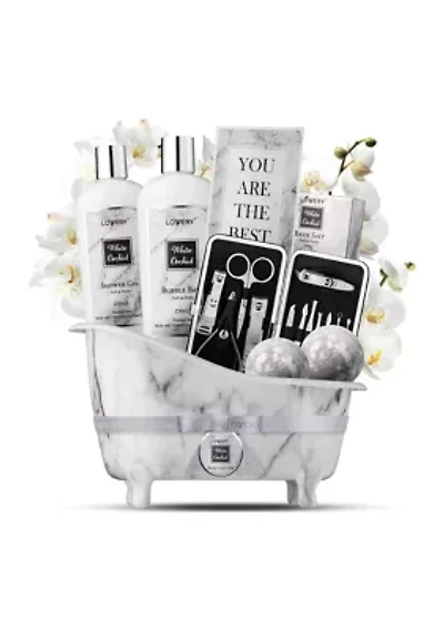 Spa Gifts - Bath & Body Gift Set - White Orchid Self Care Gift Basket in Marble Tub