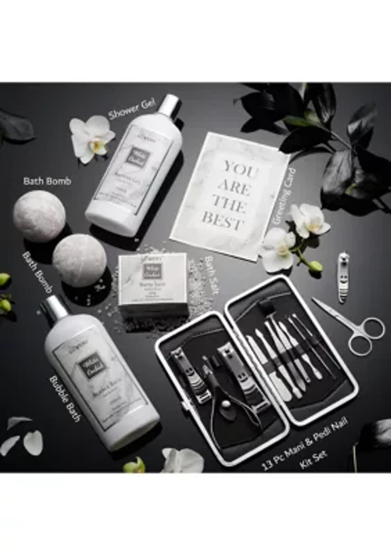 Spa Gifts - Bath & Body Gift Set - White Orchid Self Care Gift Basket in Marble Tub