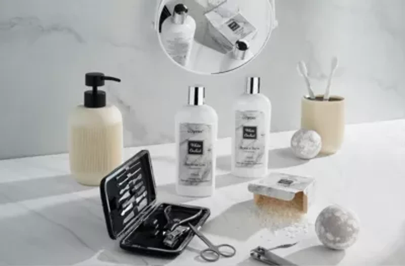 Spa Gifts - Bath & Body Gift Set - White Orchid Self Care Gift Basket in Marble Tub