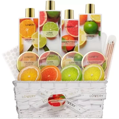 Bath and Body Care Gift Set, Home Spa Kit in Lemon, Orange, Grapefruit Lime Scents, Relaxing Stress Relief Gift, 19 Piece