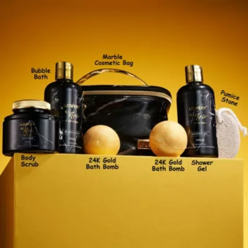Deluxe Noir Bath and Body Kit with 24 Karate Gold Bath Bombs - Relaxing Spa Bag