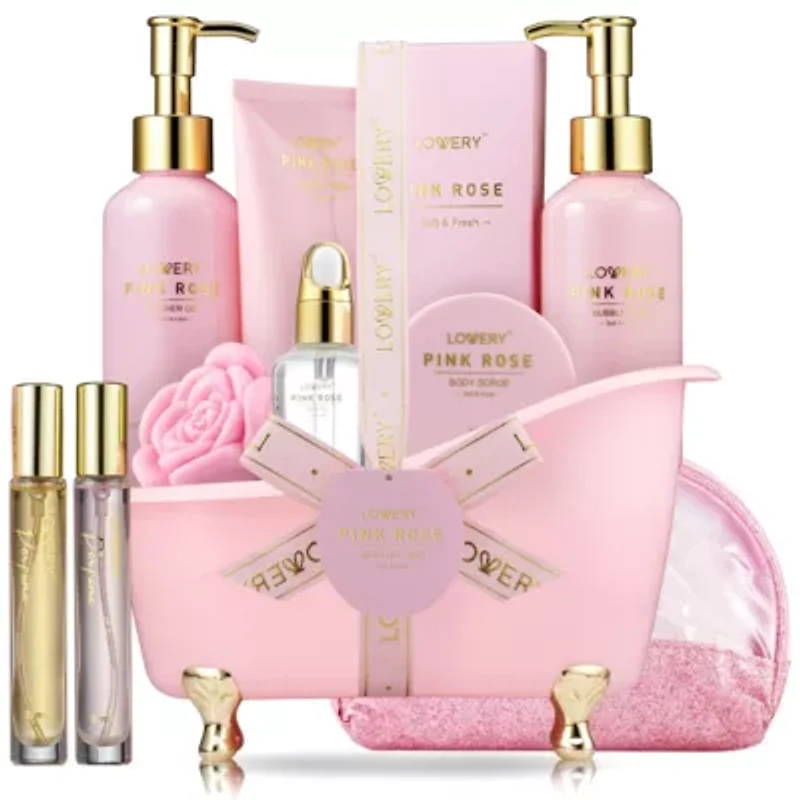 Luxury Spa Kit, 18pc Pink Rose Relaxing Basket with Perfumes, Gua Sha and More