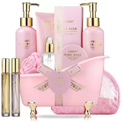 Luxury Spa Kit, 18pc Pink Rose Relaxing Basket with Perfumes, Gua Sha and More