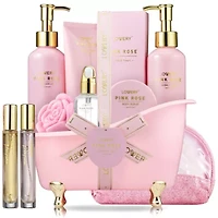 Luxury Spa Kit, 18pc Pink Rose Relaxing Basket with Perfumes, Gua Sha and More