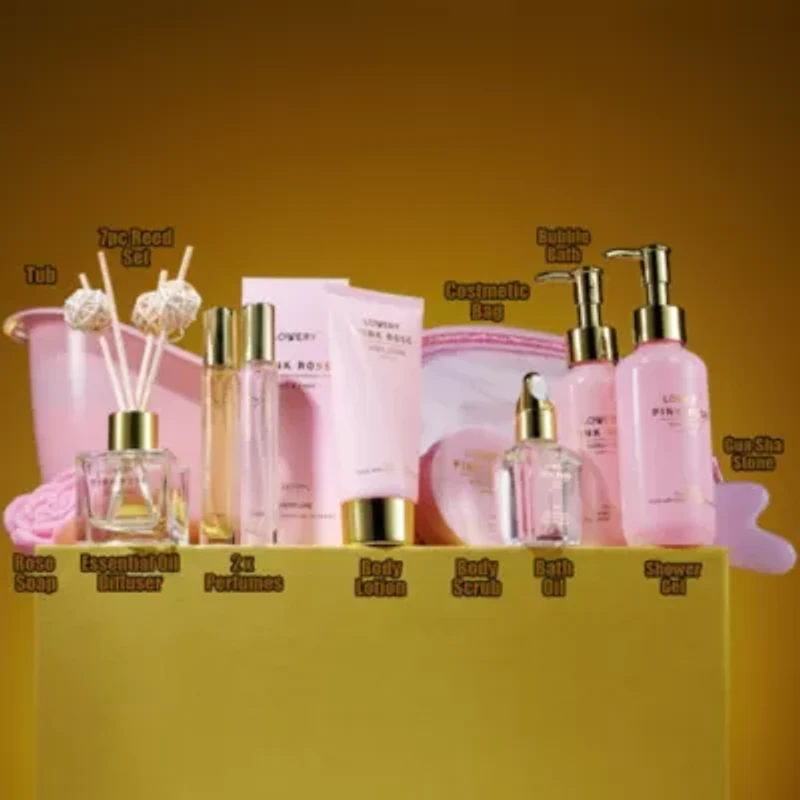 Luxury Spa Kit, 18pc Pink Rose Relaxing Basket with Perfumes, Gua Sha and More