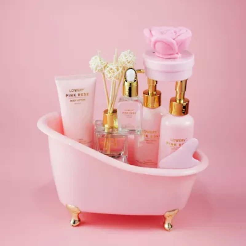 Luxury Spa Kit, 18pc Pink Rose Relaxing Basket with Perfumes, Gua Sha and More